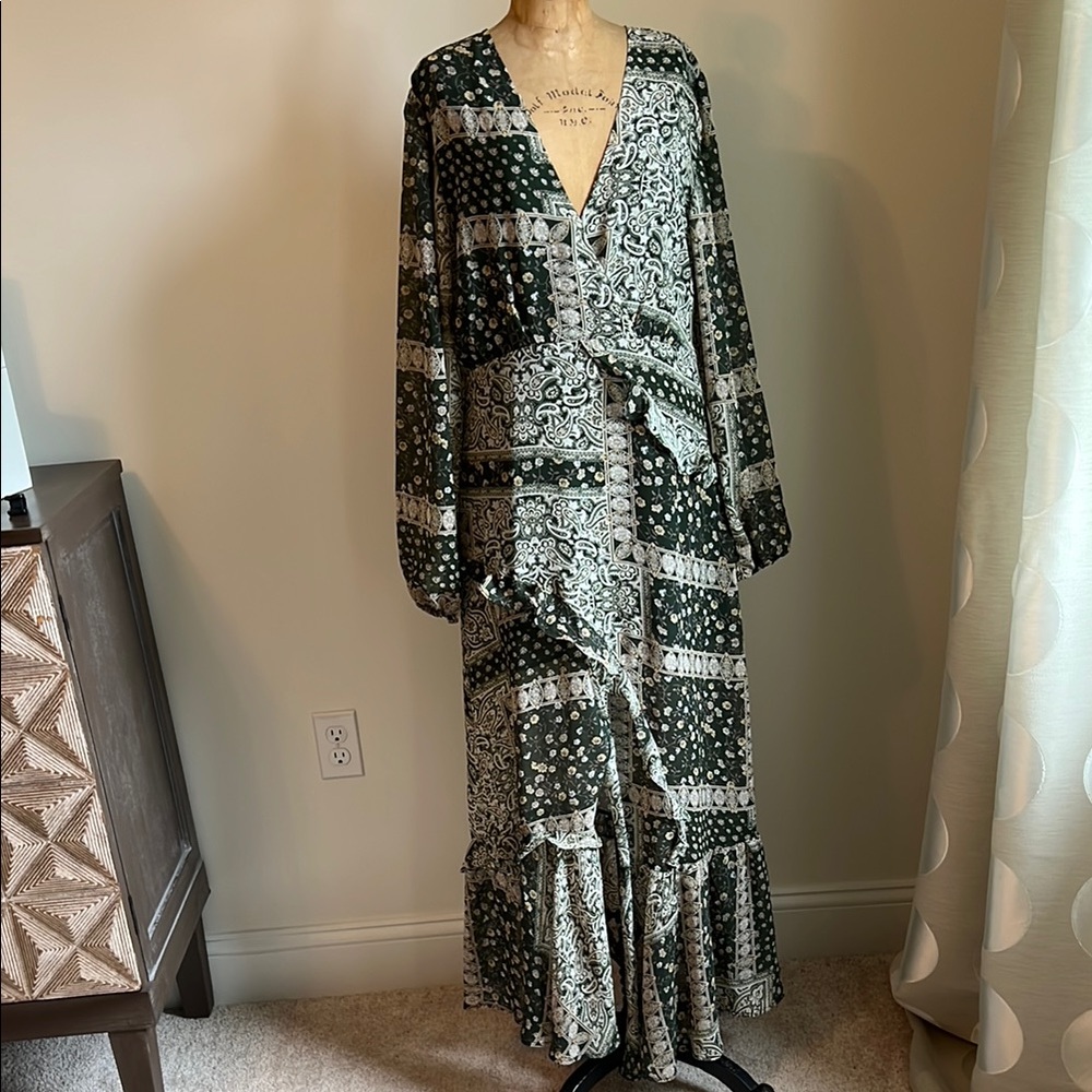 Lulu's Dark Green and White Bandana Print Tiered Wrap Gown with Bishop Sleeves
